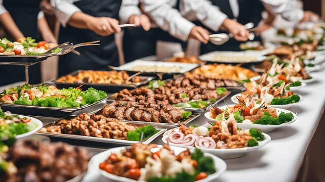 Group of people on catering buffet food indoor in restaurant with grilled meat. Buffet service for any festive event, party or wedding reception. -  Generated by AI