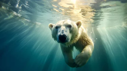 Fotobehang photograph of a polar bear swimming underwater in the arctic ocean © JKLoma