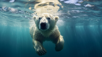 photograph of a polar bear swimming underwater in the arctic ocean - obrazy, fototapety, plakaty