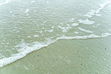 The gentle lapping of the sea's soft waves creates a soothing ambiance along the tranquil sandy beach, enhanced by a soft focus that captures the serene beauty of the scene.
