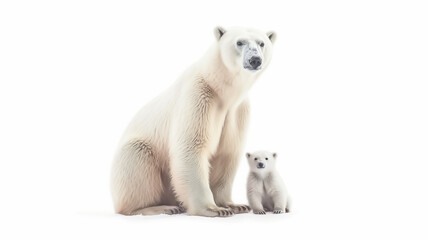 Fototapeta premium Polar bear with cub isolated on the white background,genearative ai