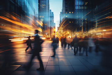 The business district at dusk, where businessmen are finishing work and heading back home. Individuals and cars are intentionally blurred using a slow shutter speed.