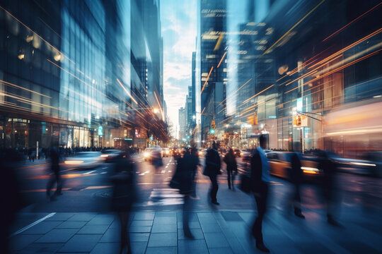 The sunset scene in the business district depicts businesspeople wrapping up work and heading home. The slow shutter speed creates a blur effect on individuals and cars.