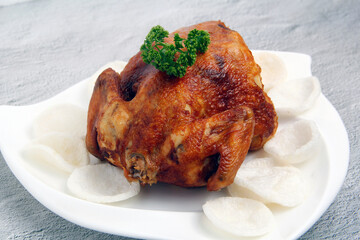 Freshly cooked whole fried chicken