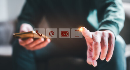 concept of Contact us or Customer support hotline people connect, businessman touching on virtual...