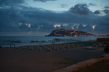 Beautiful night scene on Alanya beach in Turkey