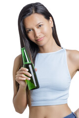 Asian American celebrating while holding a bottle of delicious beer
