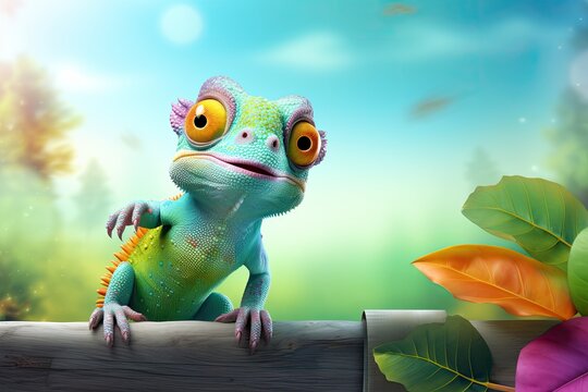 Playful chameleon perched with colorful banner. Natures charm and vivid imagination.