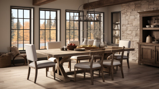 Dining room with old chairs, chest of drawers, rustic decor