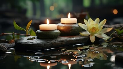 Candles on a natural stone background, right is bamboo grove green and the lotus on the water,