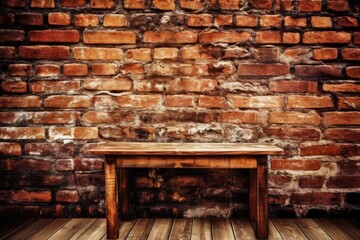 next to a hazy brick wall is a wooden table. Generative AI