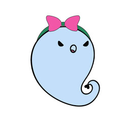 Obraz premium An angry blue seahorse cartoon with heart tail is wearing a pink bow on head.