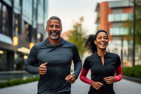 A middle-aged Brasilian couple during an evening jog through the streets of their neighborhood. Sports as the best remedy for aging. Loving middle aged couple during outdoor jogging workout. - Powered by Adobe