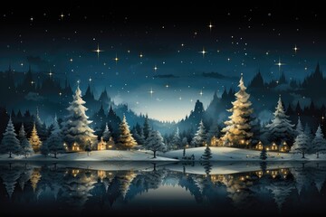 Fototapeta na wymiar A Christmas wallpaper with a watercolor-like effect depicting a starry night sky above a charming small town nestled by a serene lake. Photorealistic illustration, Generative AI