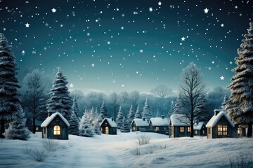 Fototapeta na wymiar A Christmas background image capturing a starry winter night sky above a snow-covered small town, evoking a serene holiday scene. Photorealistic illustration, Generative AI