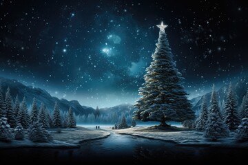 Naklejka premium A Christmas wallpaper featuring a colossal Christmas tree crowned with a star on top, set against a starry night sky. Photorealistic illustration, Generative AI