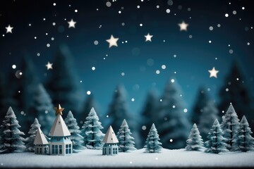 Fototapeta na wymiar A Christmas background image showcases stars shining above a miniature house and trees, evoking a charming and magical holiday scene. Photorealistic illustration, Generative AI