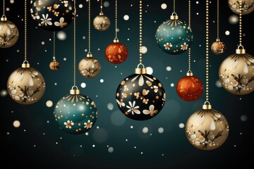 A Christmas background image showcasing hanging baubles in rich gold, festive red, sleek black, and lively green. Photorealistic illustration, Generative AI