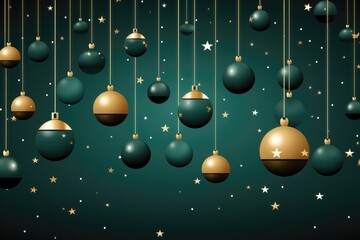 A Christmas background illustration showcasing green and gold color baubles hanging alongside gold stars. Photorealistic illustration, Generative AI
