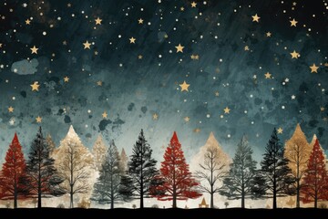 A watercolor Christmas wallpaper showcasing gold stars descending over vibrantly colored trees, creating a whimsical and magical holiday scene. Photorealistic illustration, Generative AI