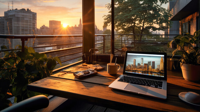 businessman's outdoor office or workspace while he traveling on his holiday. 
