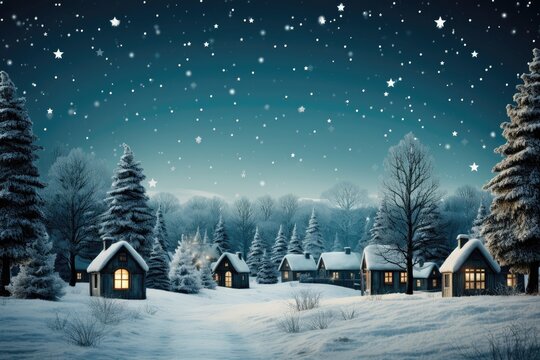 A Christmas background image capturing a starry winter night sky above a snow-covered small town, evoking a serene holiday scene. Photorealistic illustration, Generative AI