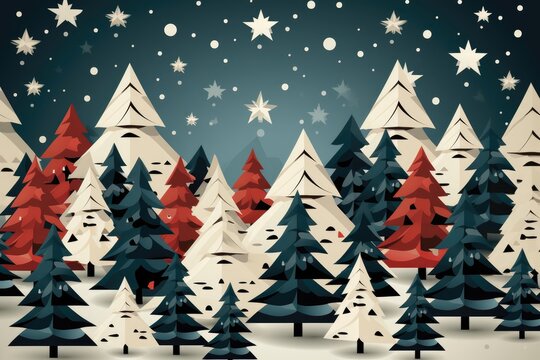 A paper-cut Christmas wallpaper depicting a colorful landscape adorned with stars and trees, capturing the festive spirit of the holiday season. Photorealistic illustration, Generative AI