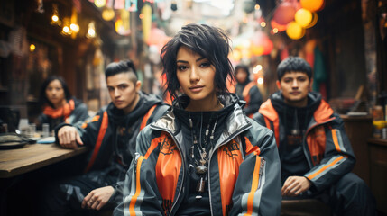 Fototapeta premium Future-focused friendships in modern city. Diverse group explores urban unity. 