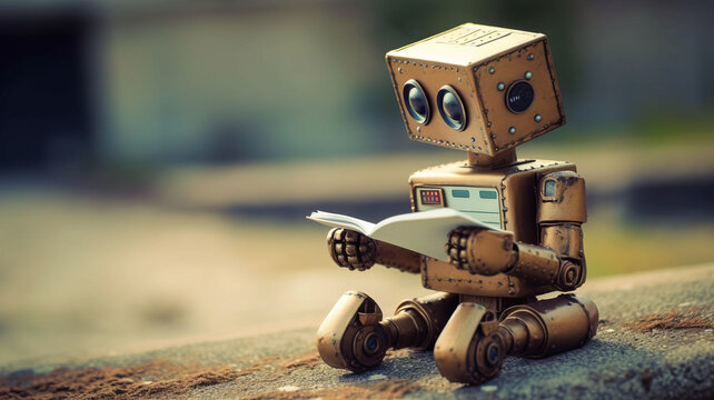 photo of robot reading a book.generative ai