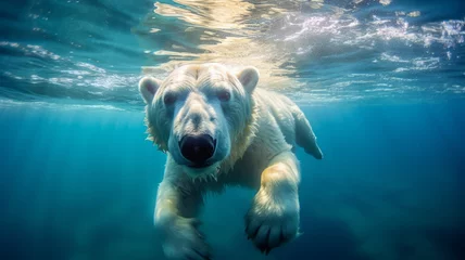 Foto op Canvas photograph of a polar bear swimming underwater in the arctic ocean generative ai © LomaPari2021