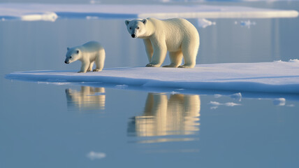 photograph of Polar bear with cub on ice floe telephoto lens realistic morning light generative ai