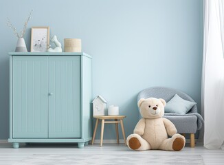 In a white room adorned with star patterns on the walls, there stands a petite light blue armchair designed for children, accompanied by a white rug.