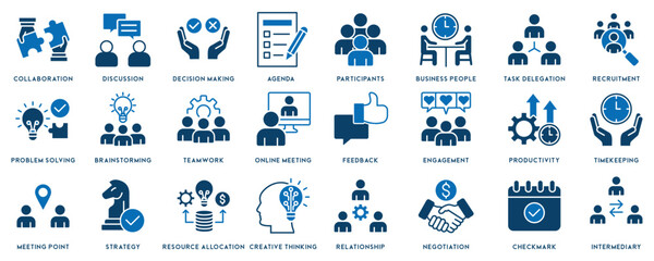 Meeting icon set. Included icons as meeting room, team, teamwork, presentation, idea, brainstorm and more.