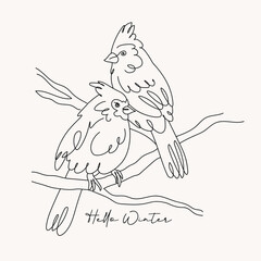 Hand drawn couple cardinal bird on a branch of tree line art