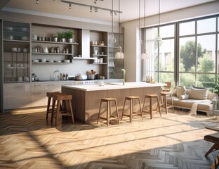 Fototapeta premium Kitchen Interior in New Upscale Residence with Island, Sink, Cabinetry, and Hardwood Flooring. Showcases Sophisticated Pendant Lighting and a Rustic Farmhouse Sink Adjacent to a Sunlit Window.