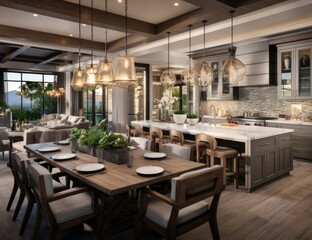 Kitchen Interior in New Upscale Residence with Island, Sink, Cabinetry, and Hardwood Flooring. Showcases Sophisticated Pendant Lighting and a Rustic Farmhouse Sink Adjacent to a Sunlit Window.