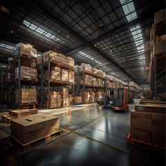 A warehouse containing goods packed in cartons boxes and containing many shelves, retail  