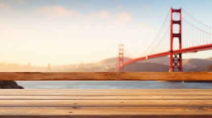 Fototapeta na wymiar Table top with Golden Gate Bridge Background.