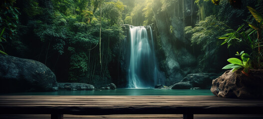a wooden table in the jungle with a waterfall behind it