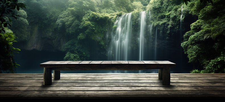 a wooden table in the jungle with a waterfall behind it