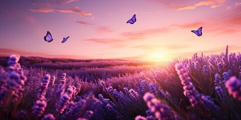 Sunset bloomscape in nature. Summer symphony. Purple meadows and lavender fields with butterfly....