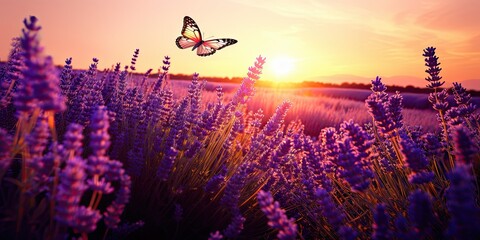Sunset bloomscape in nature. Summer symphony. Purple meadows and lavender fields with butterfly. Aromatic in full bloom