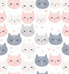 Seamless Pattern Featuring Charming Childlike Drawings of White and Pink Cats. Designed to be used for Printing, Wallpaper, Fabric, and Background Purposes, Adding a Playful and Cute Element.