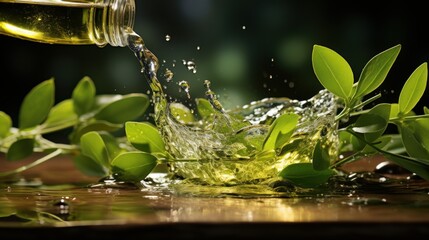 A bottle containing olive oil with olive leaves, in the style of motion blur, ::1 Watermark, word,...