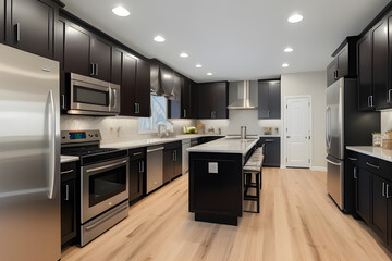 Kitchen in new luxury home with quartz waterfall island, hardwood floors, dark wood cabinets and stainless steel appliances. 3d rendering