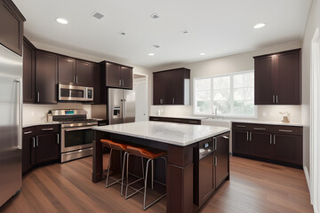 Kitchen in new luxury home with quartz waterfall island, hardwood floors, dark wood cabinets and stainless steel appliances. 3d rendering