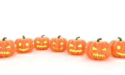 Seven Halloween Pumpkins in a row isolated on white background. 3D Rendering