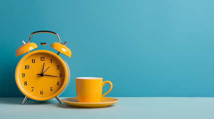 Alarm clock closeup have a good day with a cup of coffee and flower pots background