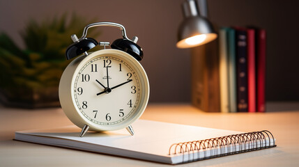 Alarm clock closeup have a good day with a cup of coffee and flower pots background