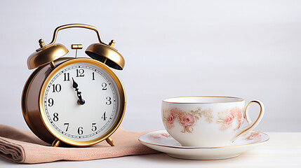 Alarm clock closeup have a good day with a cup of coffee and flower pots background